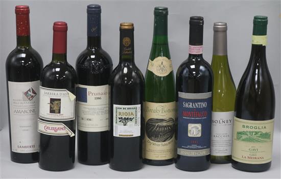 Five Italian wines including Prunaio (Super Tuscan), 1986 and Amarone, 1982, one Rioja, 2005 and two English whites.